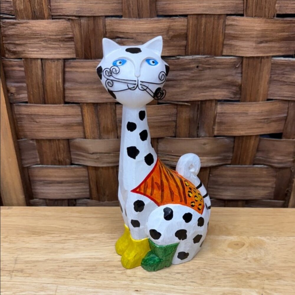 Colorful carved wood Cat Figurine